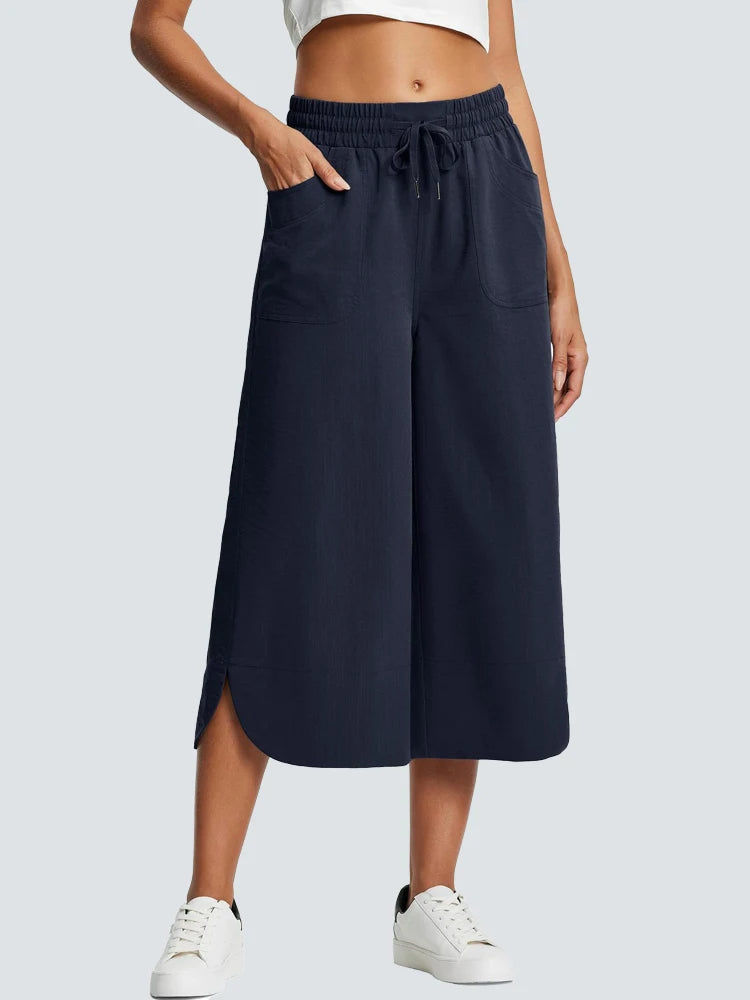 Women's wide leg capri pants lightweight breathable cotton blend smooth stretch waistband casual fit