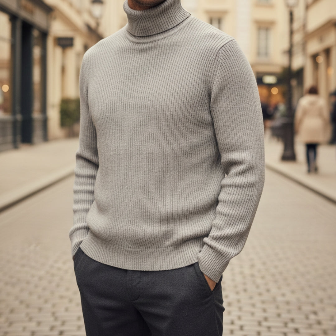 Men's collarless knitted cardigan with contrast stitching, minimalist casual chic layering style