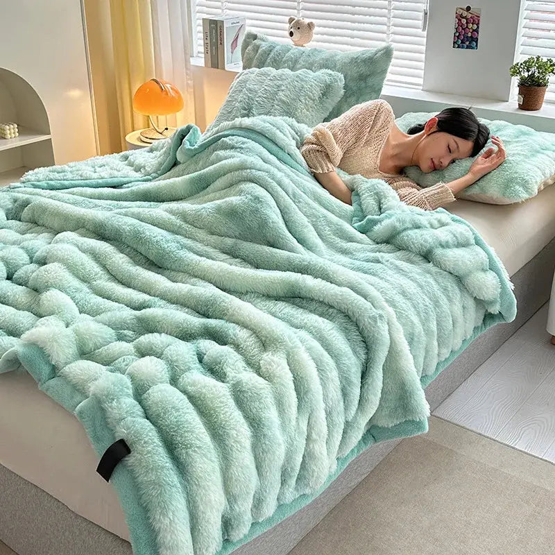 Modern faux fur throw blanket in plush cloud-soft texture, cozy luxury home decor accent