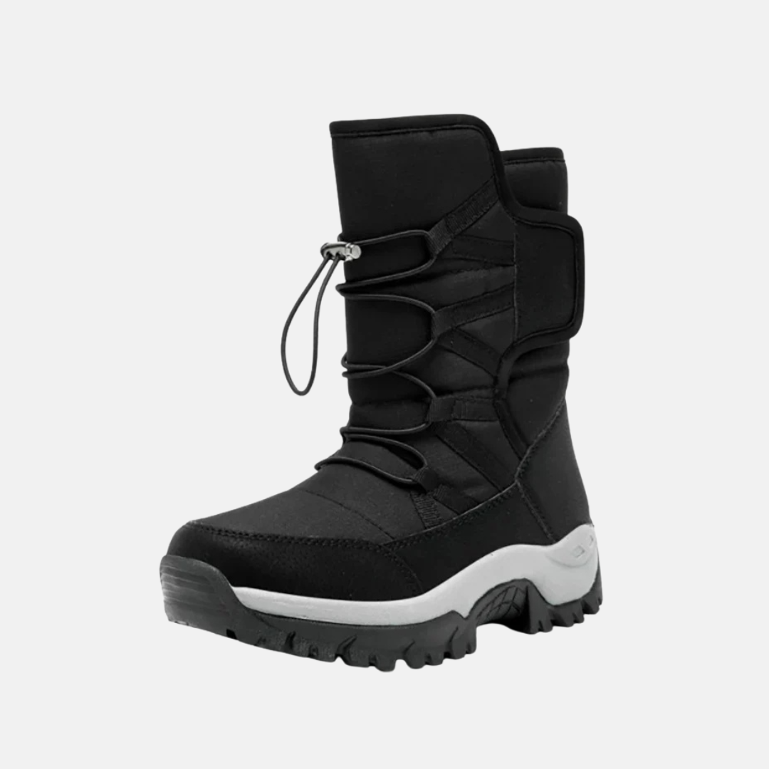 Women's black high-top quilted insulated winter boots with rugged traction sole and drawstring closure