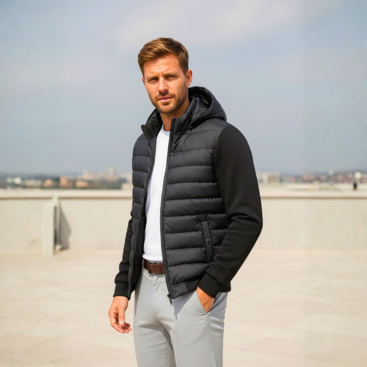 Men's navy quilted cotton padded jacket modern tailored urban fit for winter warmth