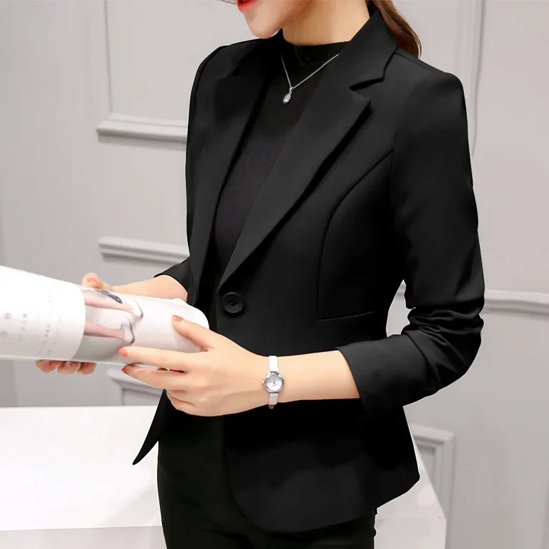 Women's slim fit tailored office blazer in classic tone with one-button closure for a sleek silhouette