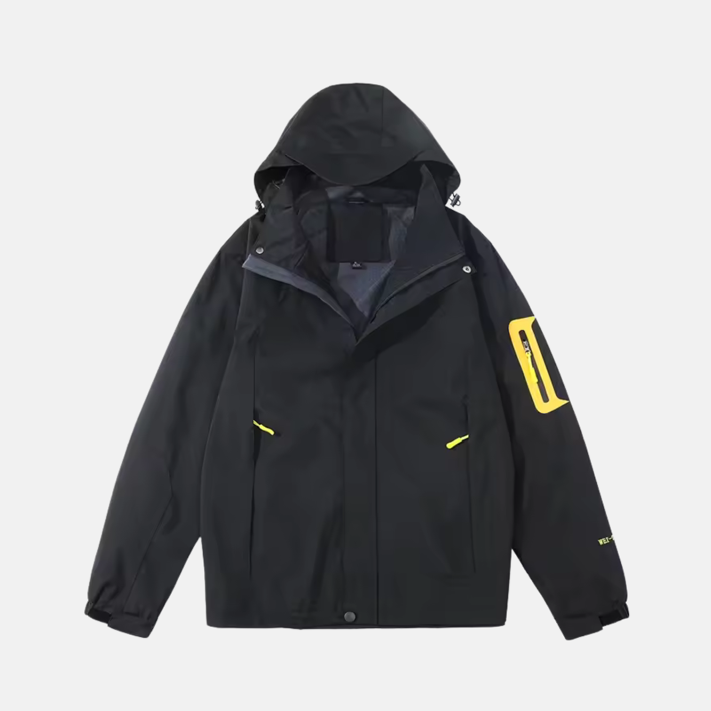 Men's windproof water-resistant outdoor jacket with adjustable hood, lightweight polyester shell