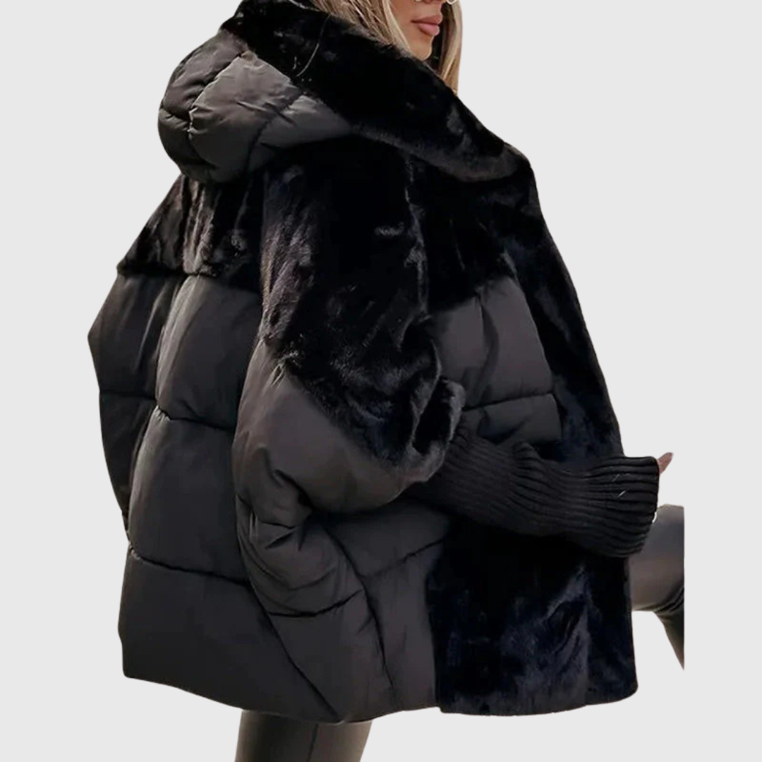 Women's oversized faux fur puffer jacket with hood, quilted contrast ribbed sleeves cozy winter style