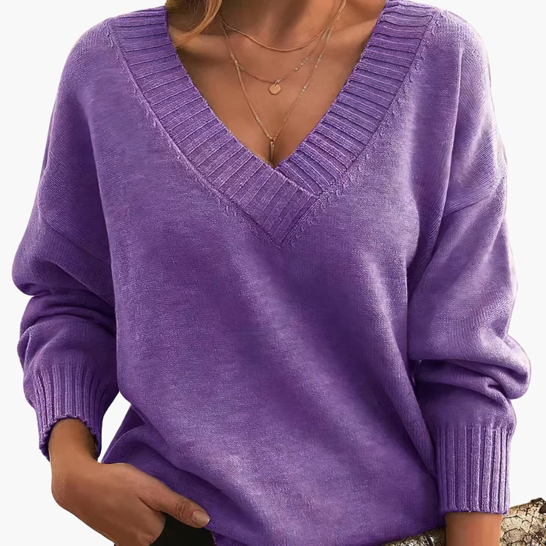 Women's tailored fit V-neck pullover cozy knit top in neutral tones for cool days