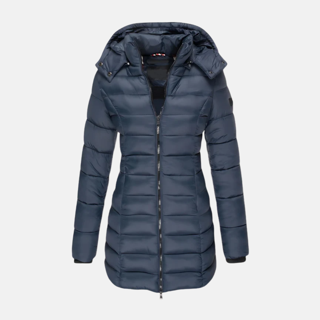 Women's slim-fit mid-length hooded puffer coat with ribbed cuffs, sleek silhouette for winter warmth