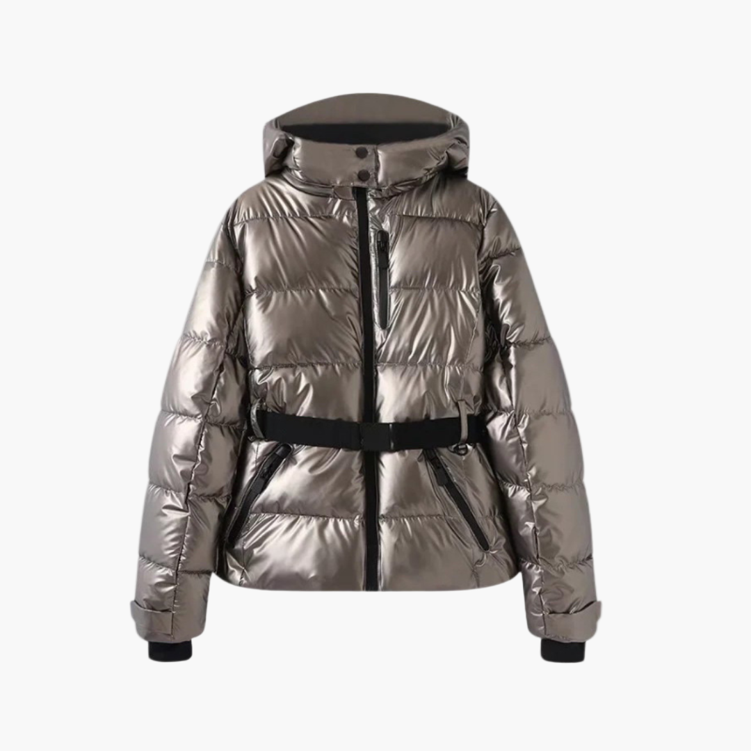 Women's belted hooded winter jacket cozy warm casual outerwear with waist-cinching silhouette