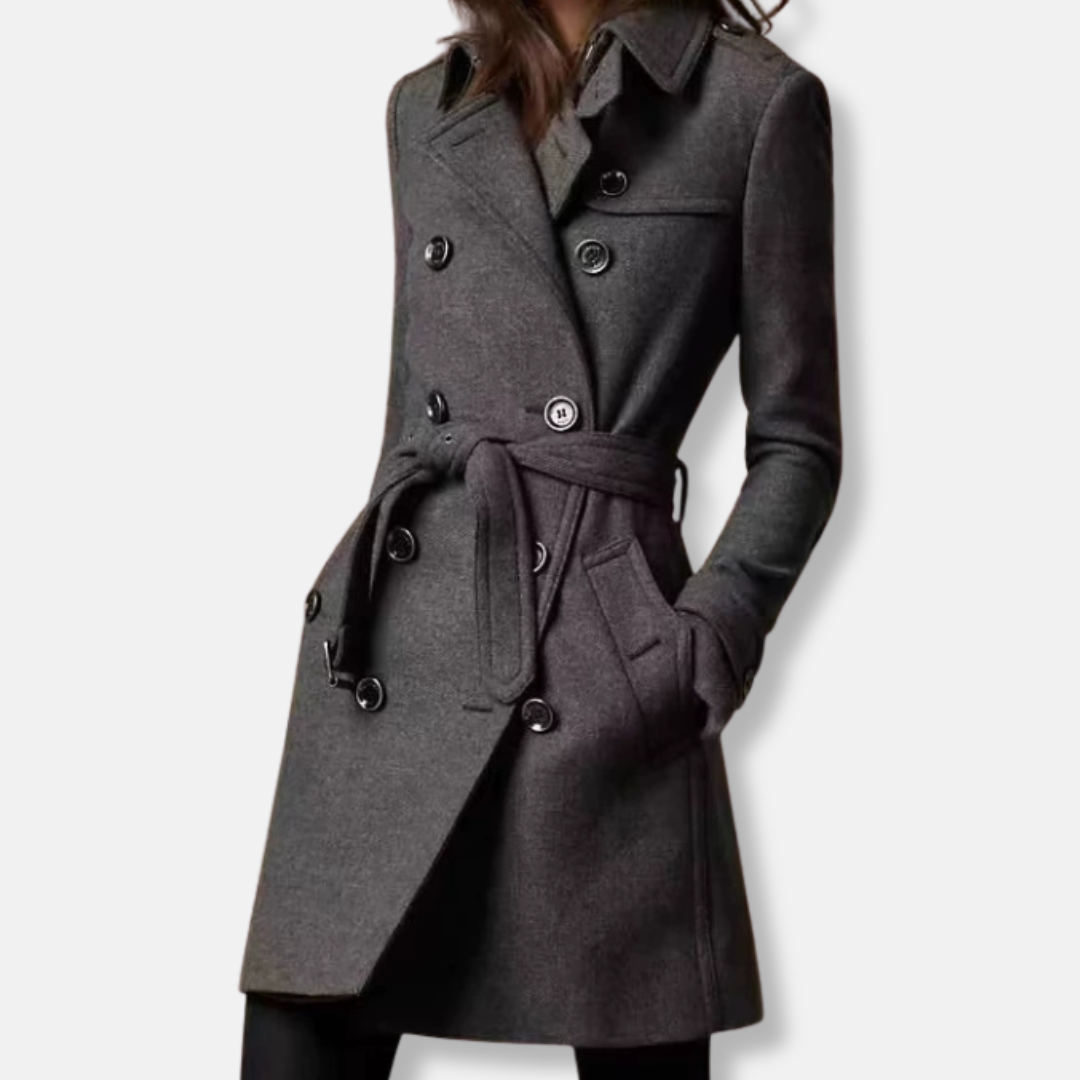 Women's slim fit wool blend belted double-breasted coat mid-thigh length modern style