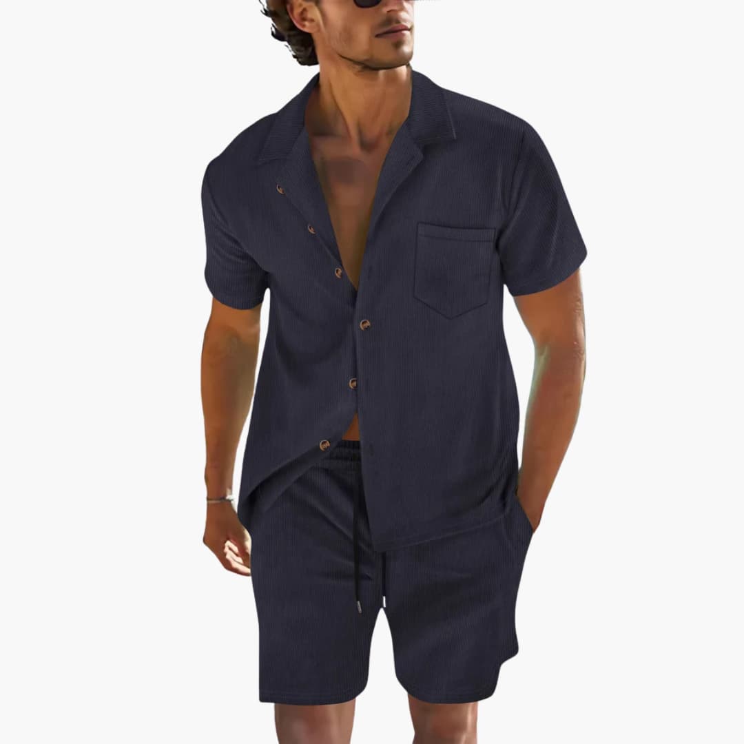 Men's lightweight relaxed-fit Cuban collar shirt and drawstring shorts two-piece summer set