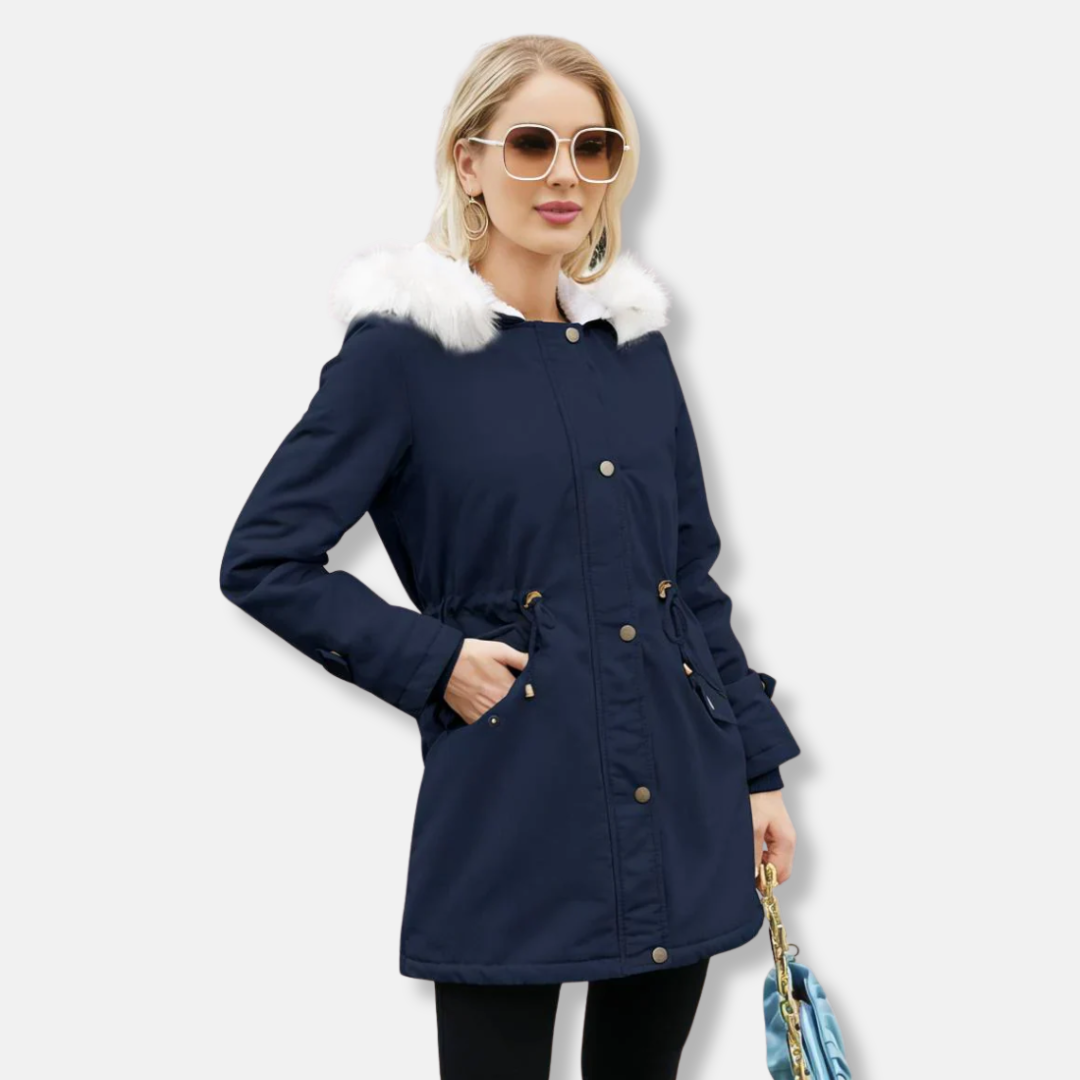 Women's winter parka jacket relaxed mid-thigh fit with detachable faux fur trim, smooth woven shell