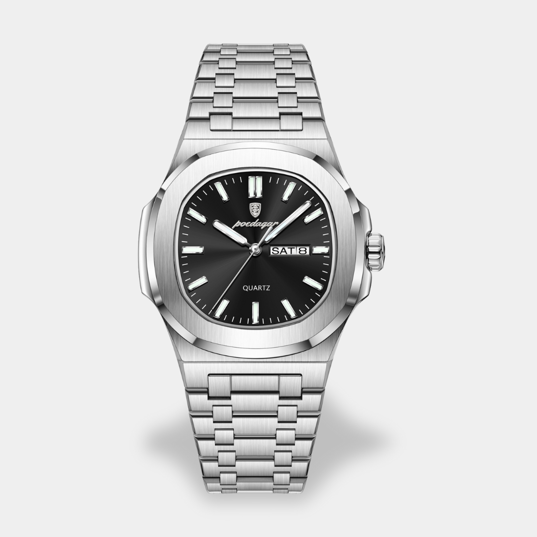 Men's quartz analog wristwatch with day-date window, rounded case, integrated strap, clean dial design