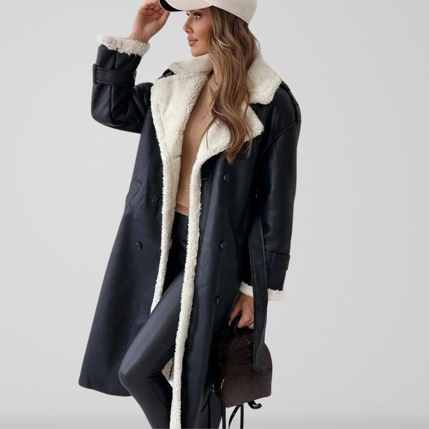 Women's black faux leather trench coat double-breasted belted waist with shearling trim oversized fit