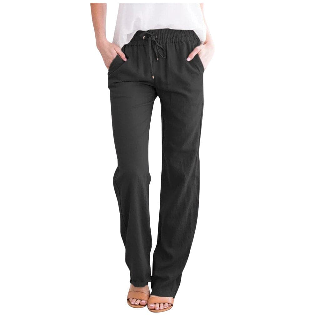 Women's beige linen relaxed fit pants with drawstring elastic waist and side pockets