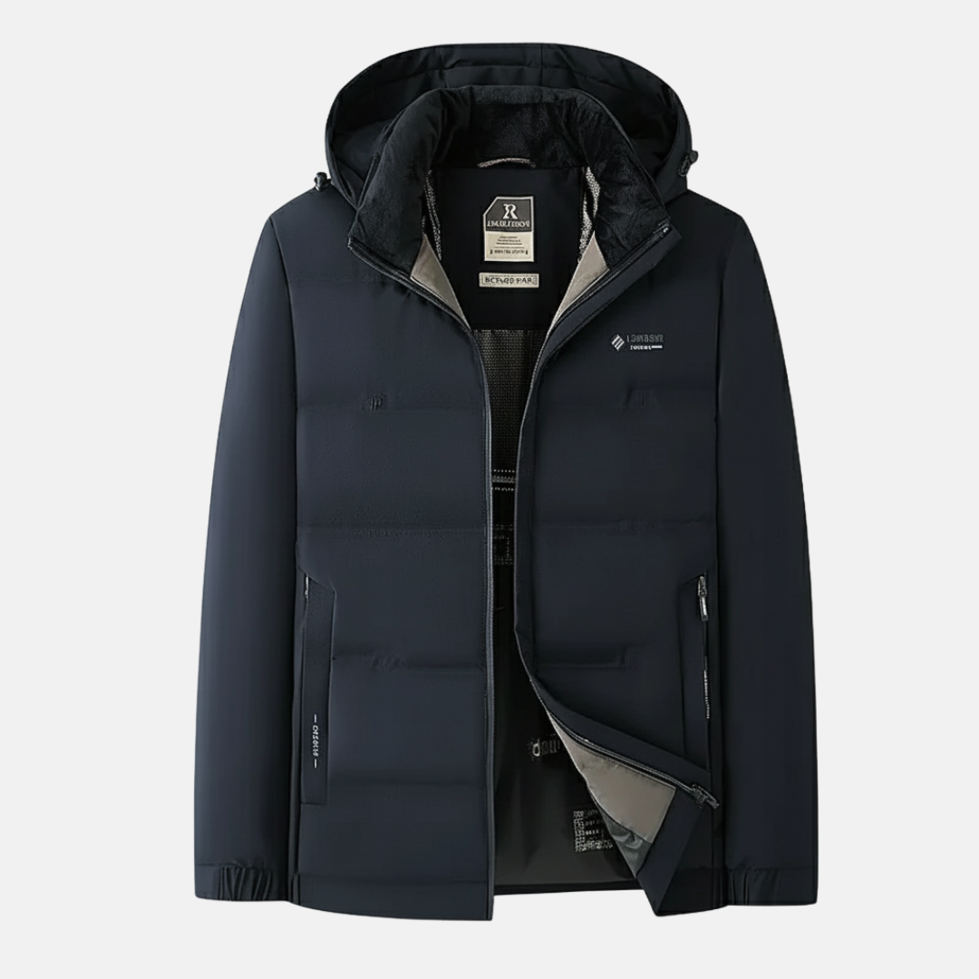 Men's quilted insulated hooded jacket water-resistant lightweight thermal outdoor adventure wear