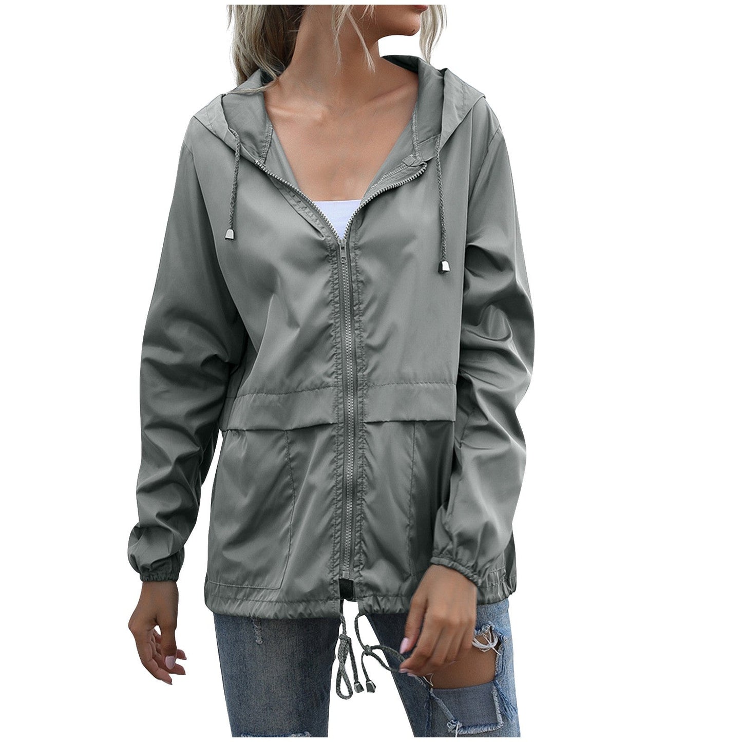 Women's casual hooded zip-up windbreaker jacket with adjustable drawstring waist, relaxed silhouette