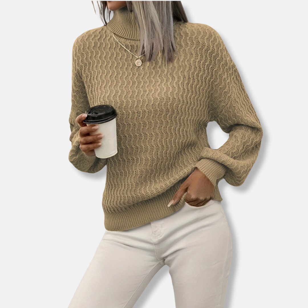 Women's relaxed-fit turtleneck sweater in luxurious wool-blend knit with voluminous balloon sleeves