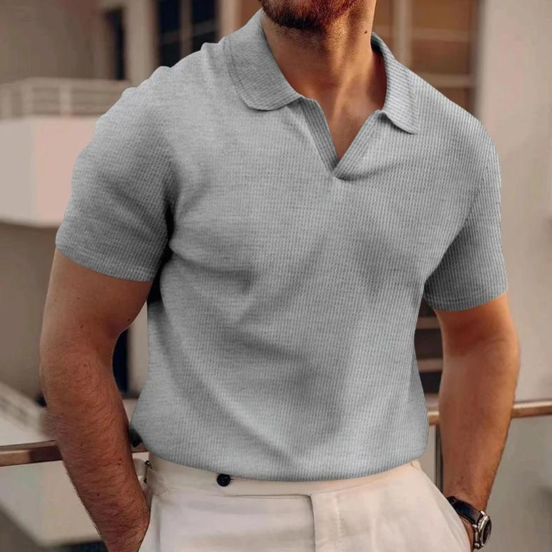 Men's classic V-neck polo shirt lightweight breathable fabric tailored cut for casual and office wear