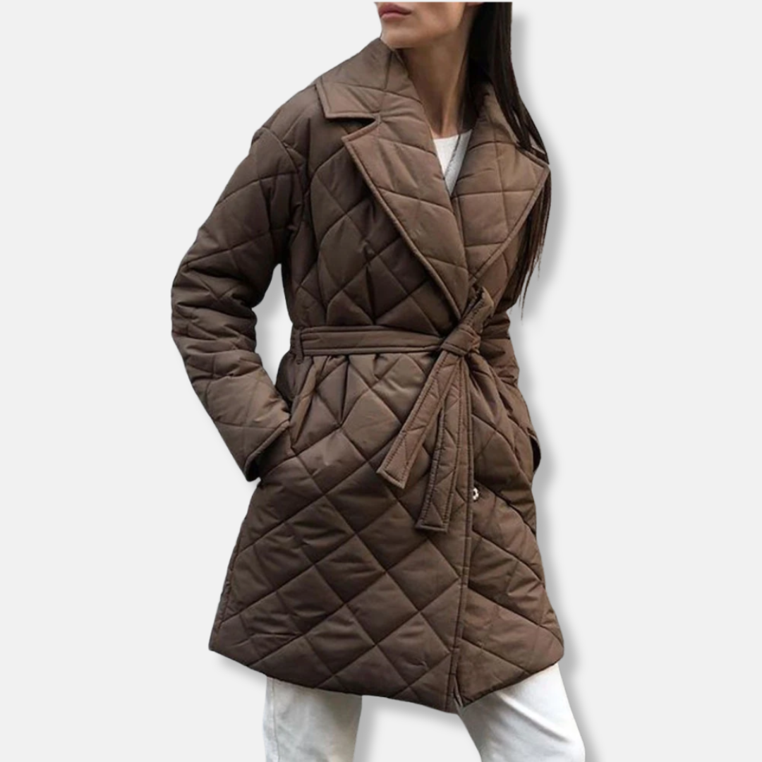 Women's mid-length quilted coat with belted waist, notched lapel, insulated diamond-stitched design