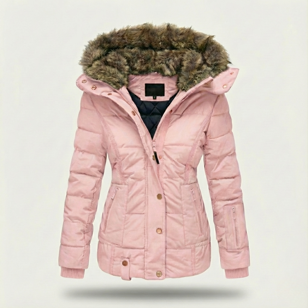 Women's black hooded puffer jacket with faux fur trim, tailored waist-shaping fit, water-resistant insulation