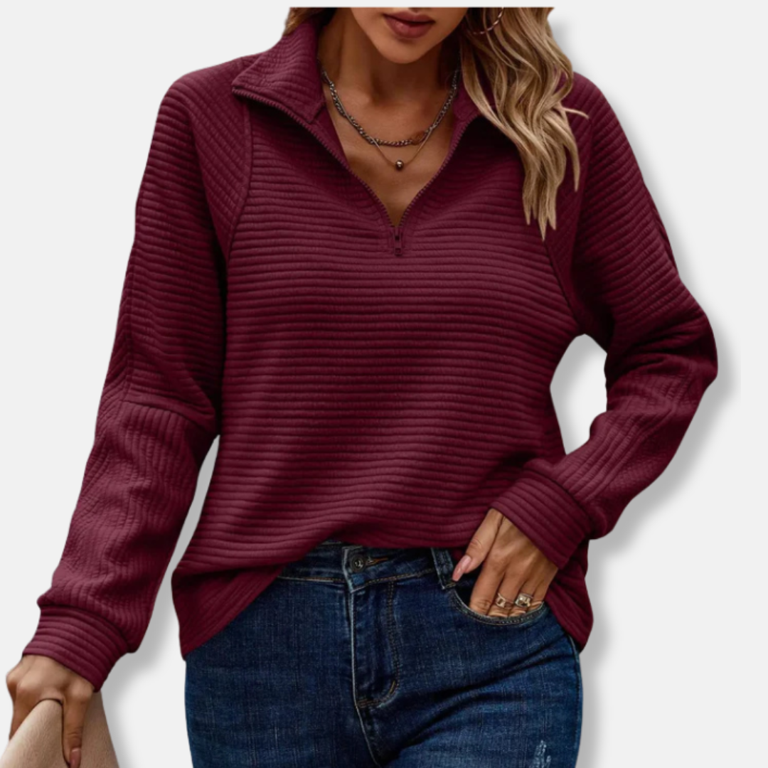 Women's relaxed fit pullover sweater with stand collar half-zip, cozy everyday style