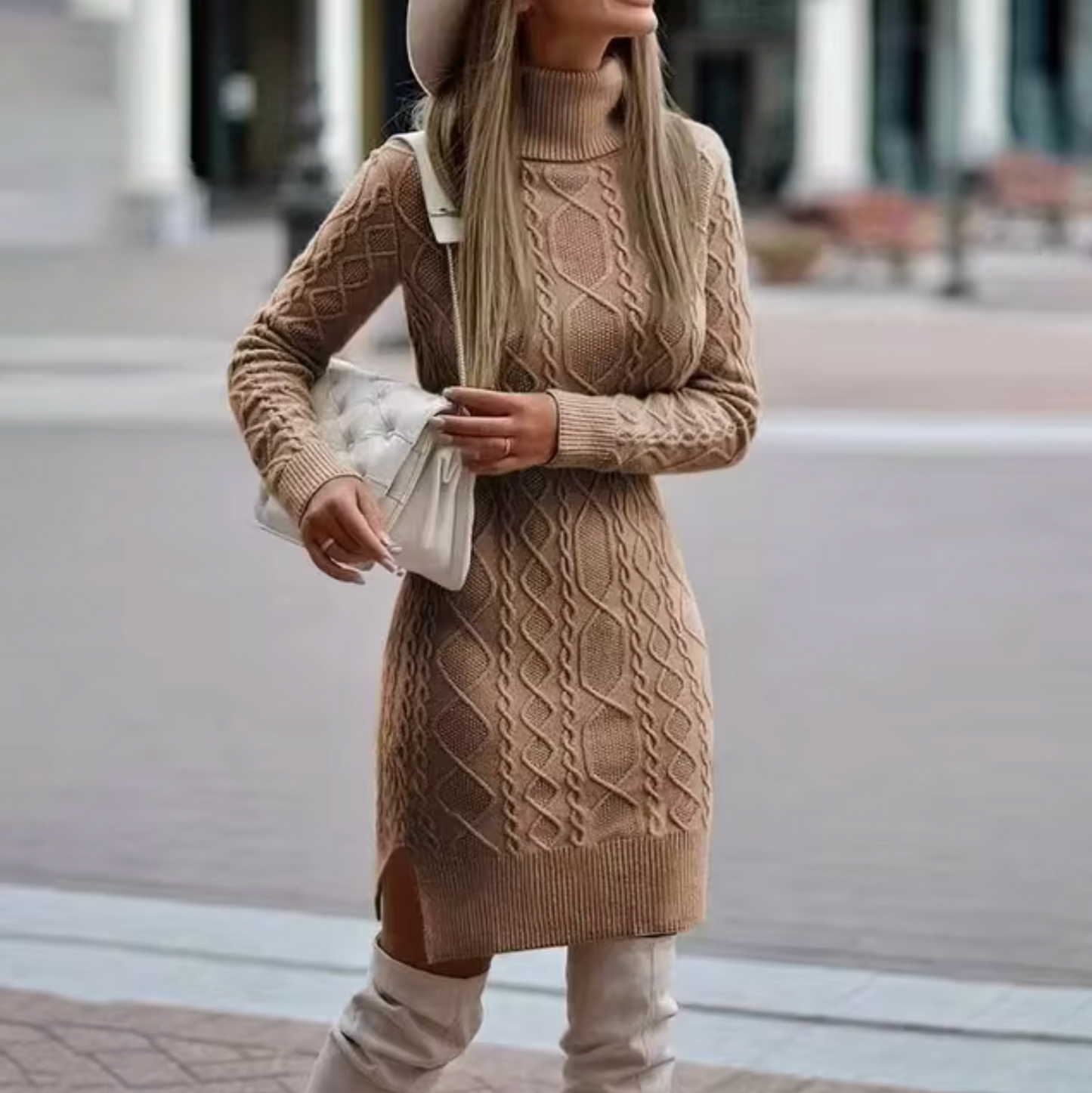 Women's cream cable knit jumper dress with roll neck, cozy textured silhouette for everyday wear