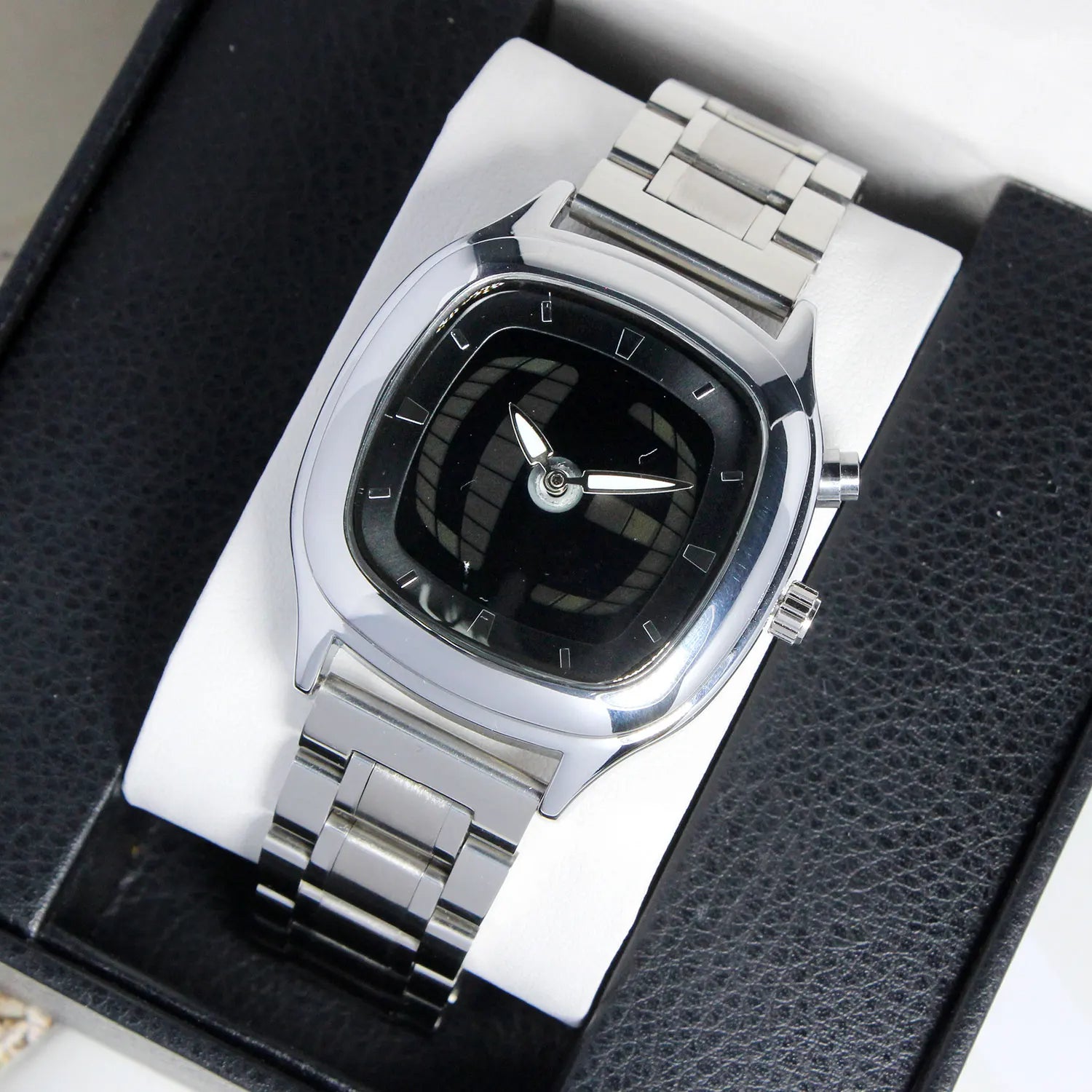 Millennium Quadrant square-curved stainless steel watch light-reactive dial floating hour markers