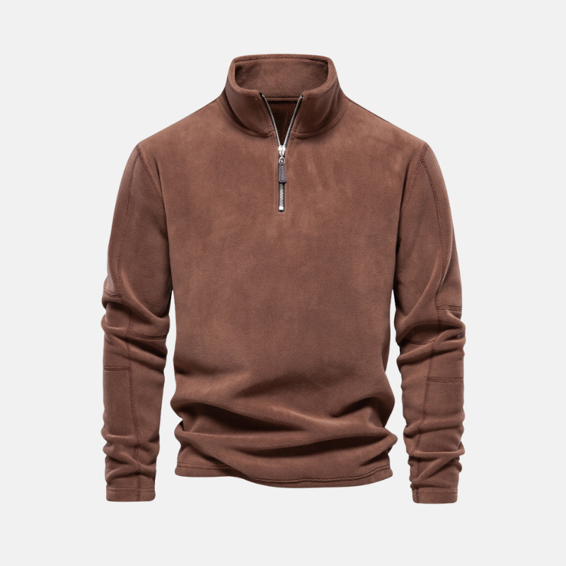 Men's gray fleece sweatshirt with stand collar and half-zip closure for elevated casual style