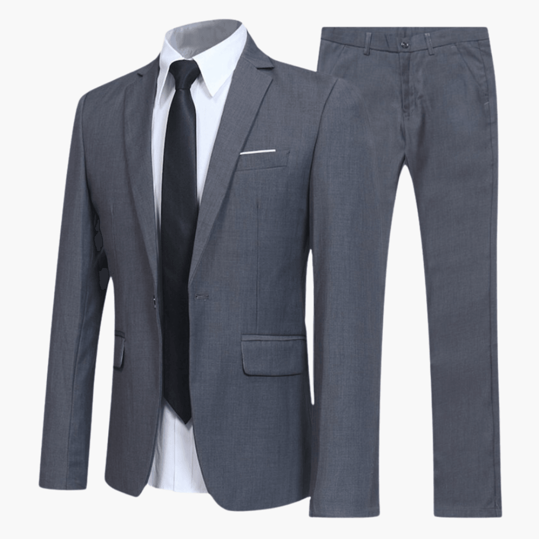Navy blue men's tailored fit suit set with matching tie, blazer, trousers, and dress shirt