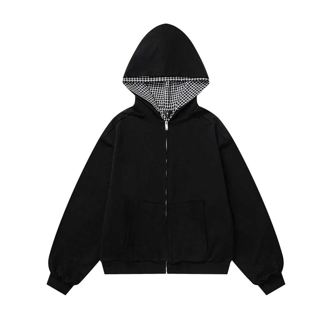 Reversible cotton hoodie unisex relaxed fit full-zip checkered two-sided modern casual layering piece
