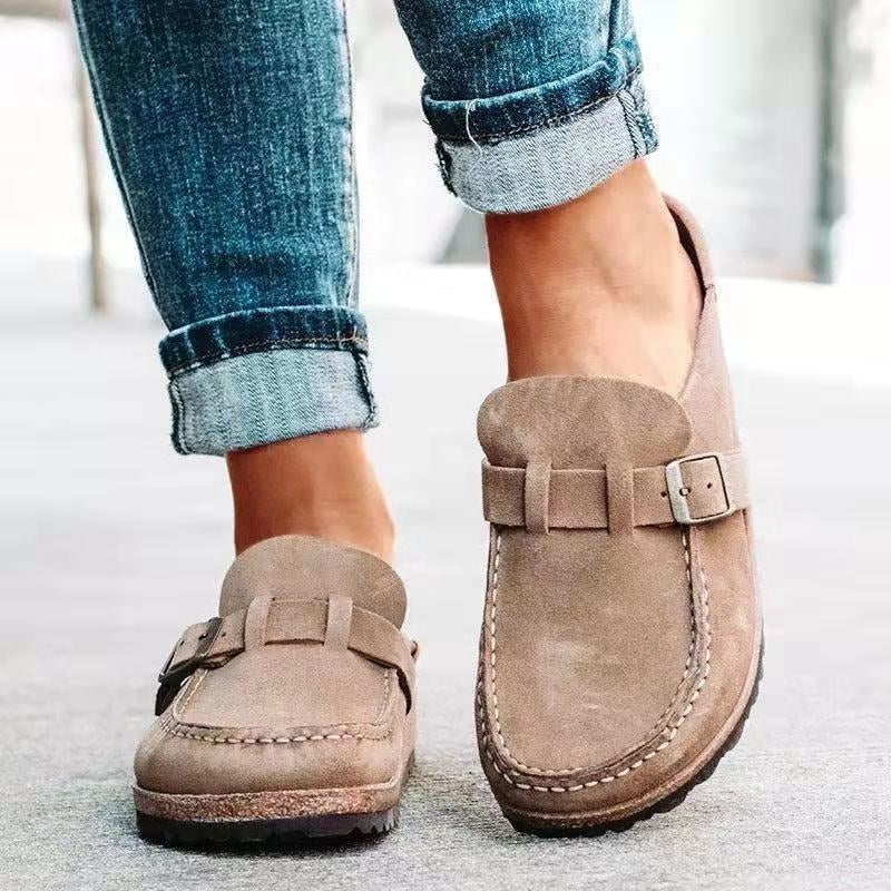 Beige suede orthopedic slip-on shoes with adjustable buckle strap for all-day comfort