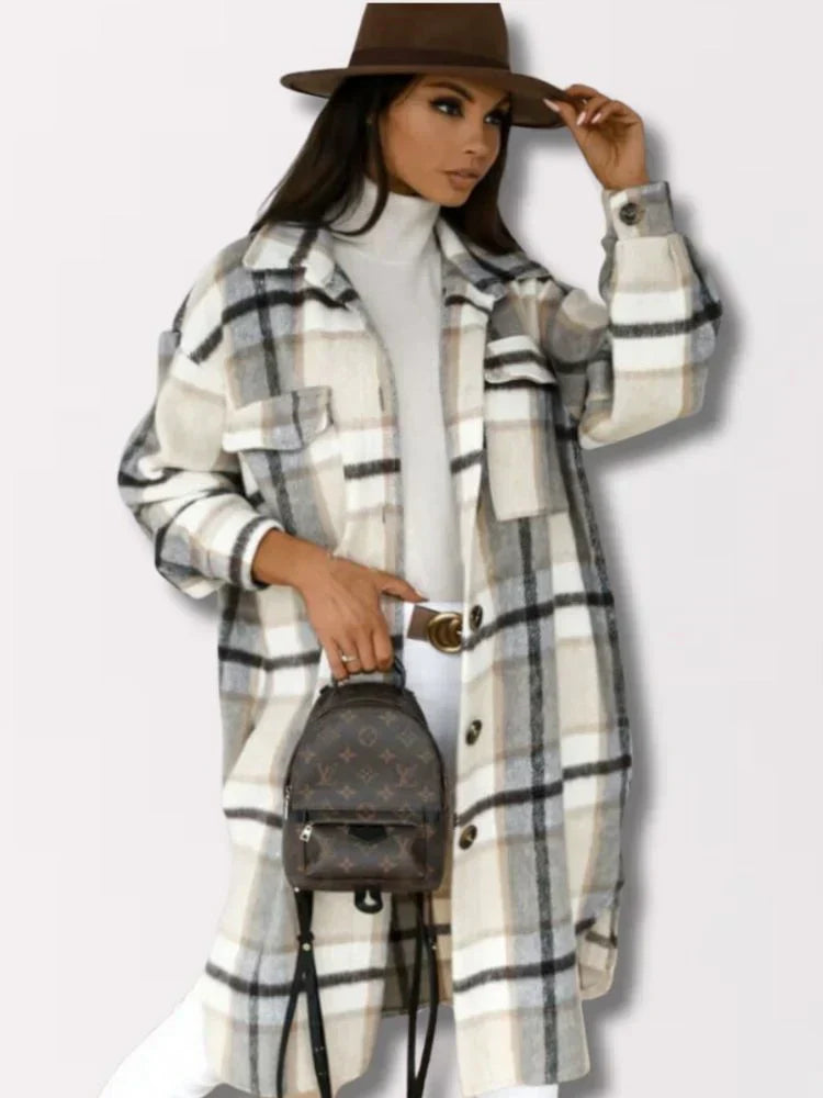 Long relaxed-fit checked jacket in classic plaid pattern, sustainable unisex longline outerwear