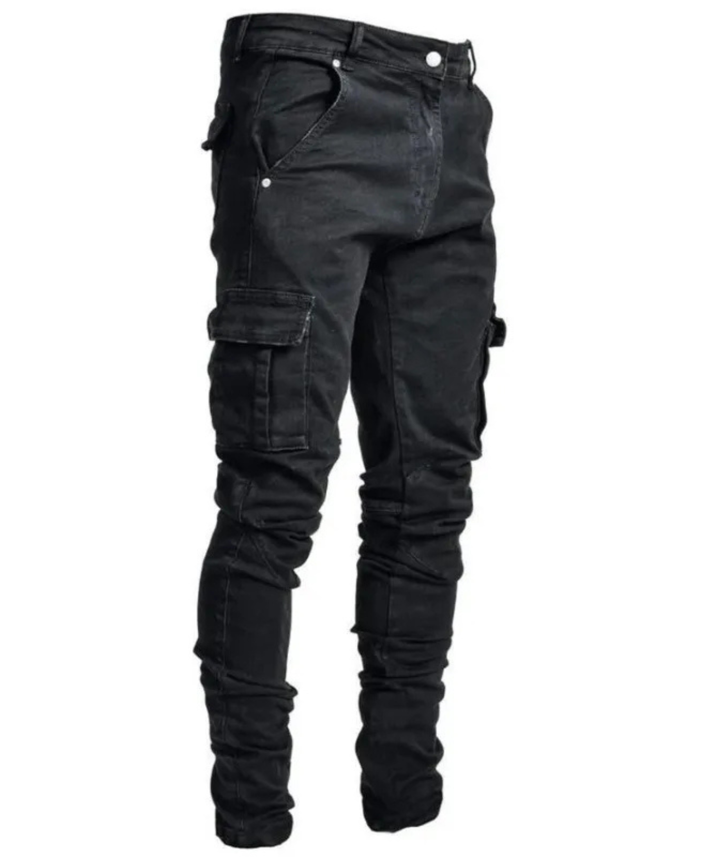Men's stacked slim tapered stretch denim jeans with oversized cargo pockets sculpted fit