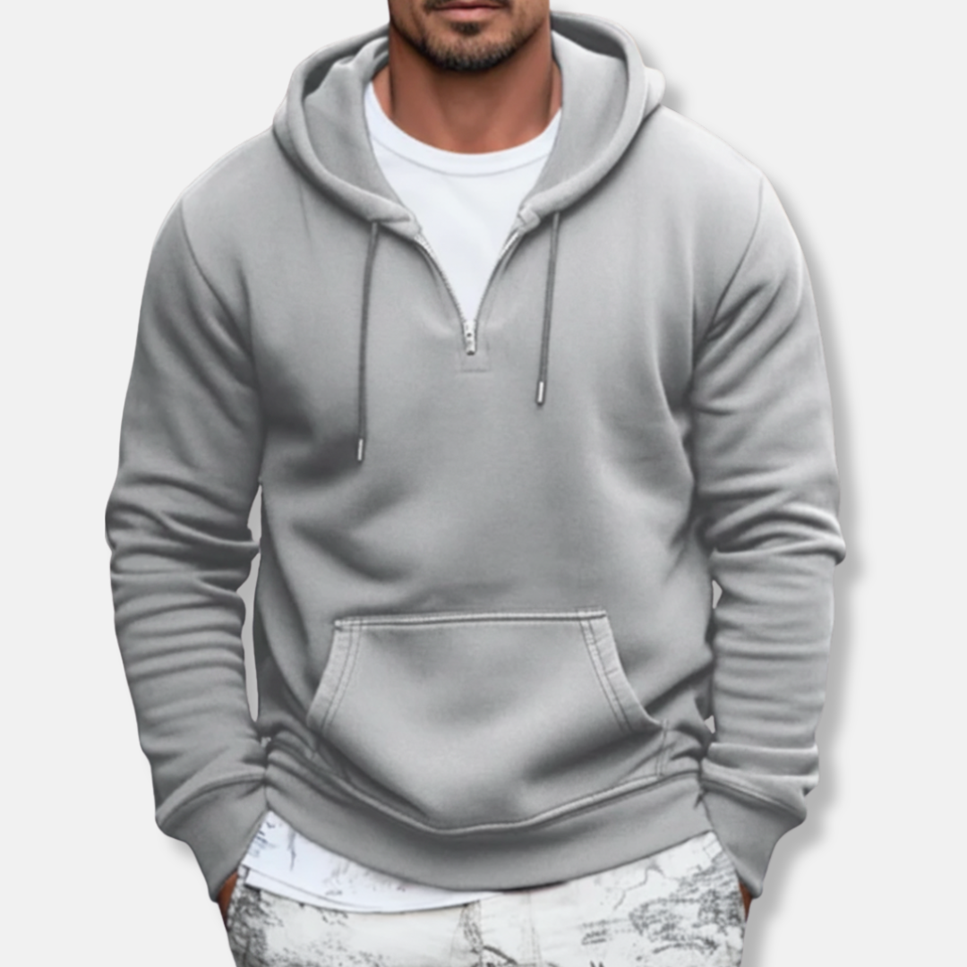 Men's relaxed fit cotton blend hoodie in neutral tone with kangaroo pocket for urban everyday wear