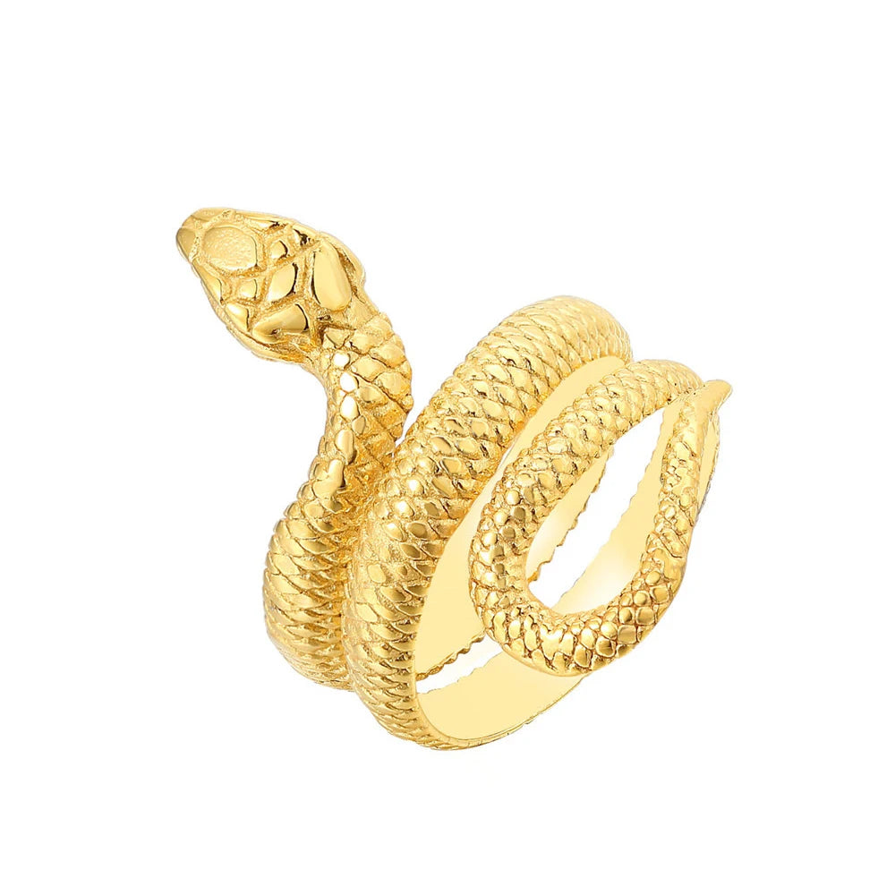Adjustable unisex stainless steel coiled serpent ring with lifelike scales and open-back design