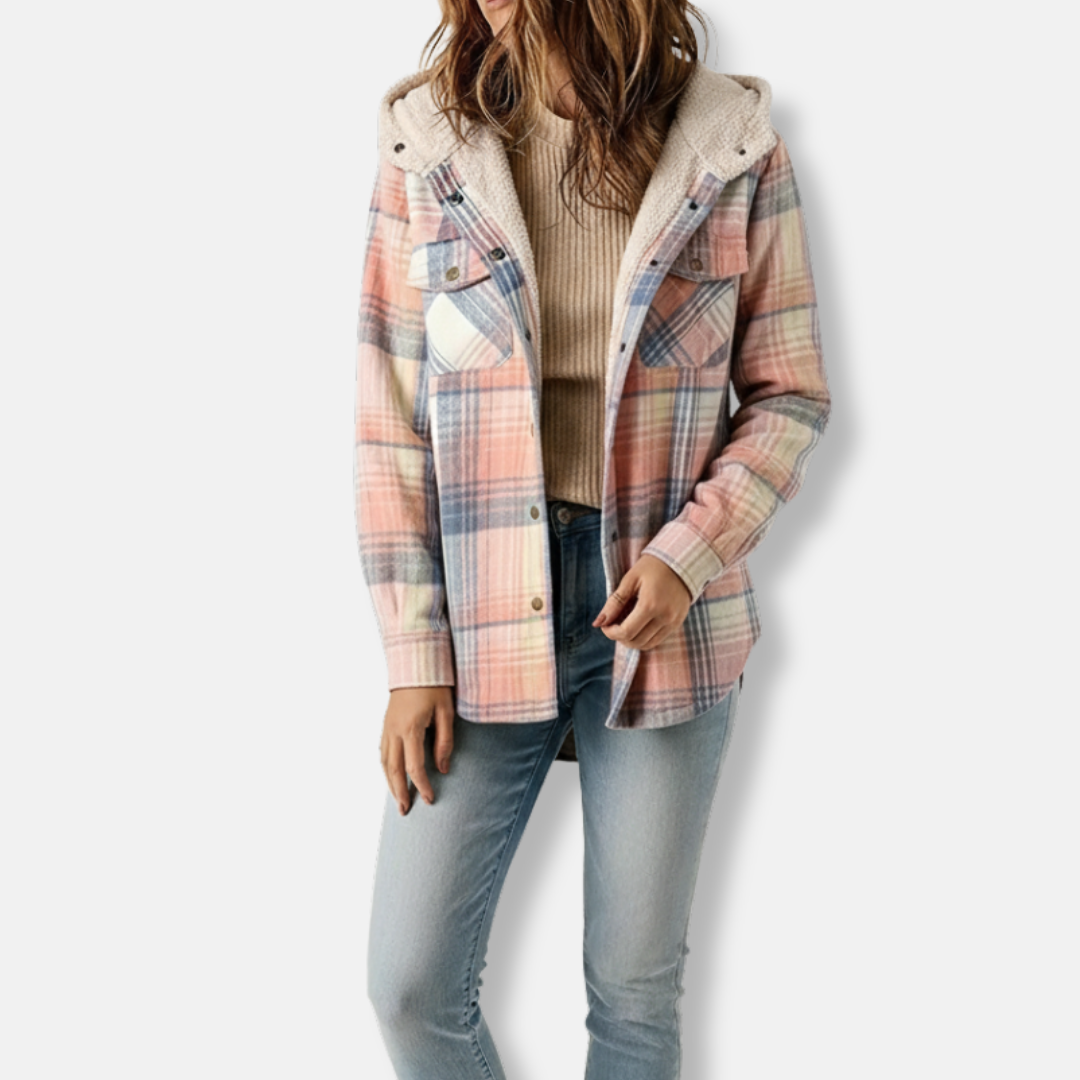 Women's oversized plaid shacket cotton blend sherpa-lined hooded point collar cozy fall layer