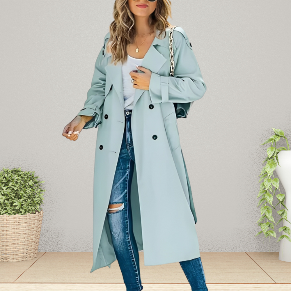Women's double-breasted longline trench coat in classic neutral, polished chic silhouette with button-front closure