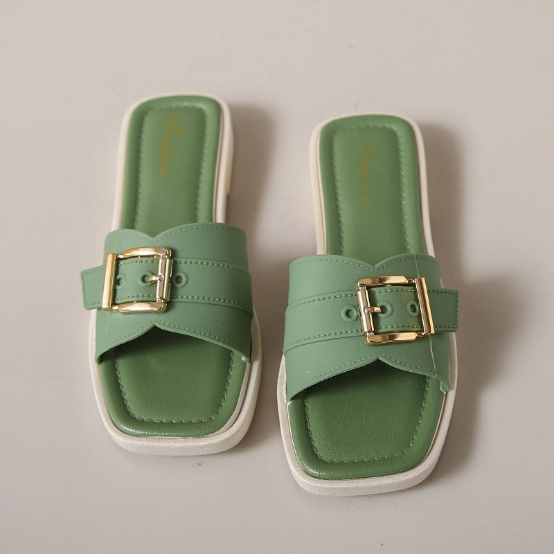 Beige orthopedic square-toe sandals with cushioned sole and gold-finish curved strap hardware