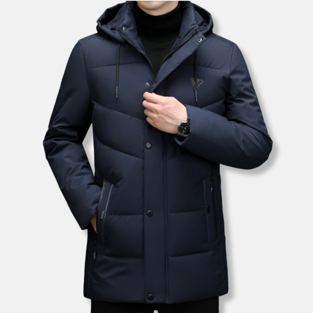 Men's quilted water-resistant hooded coat, mid-length Nordic windproof urban style