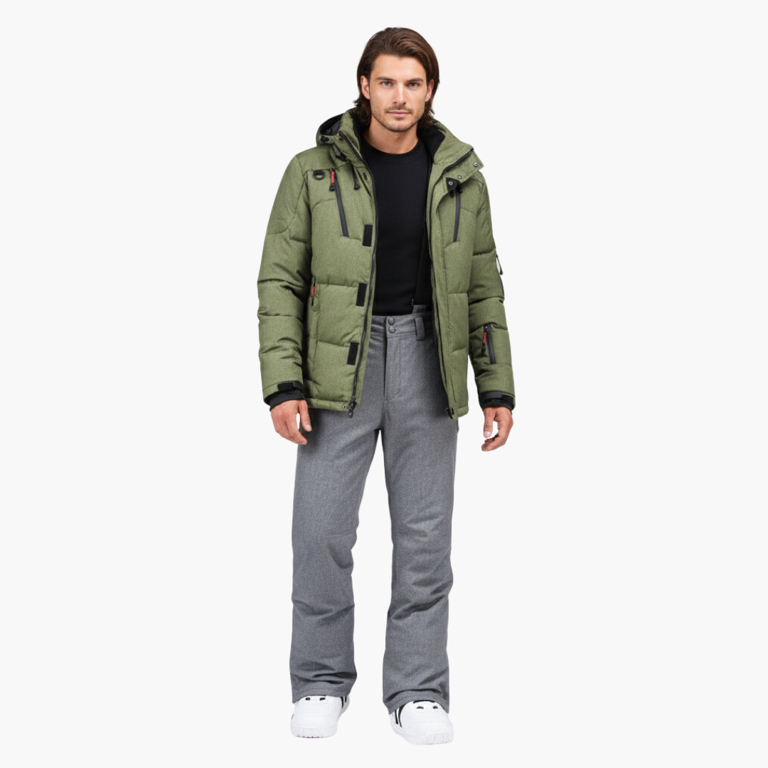 Men's matching ski jacket and pants set in coordinated colors with hooded front zip and elastic waist
