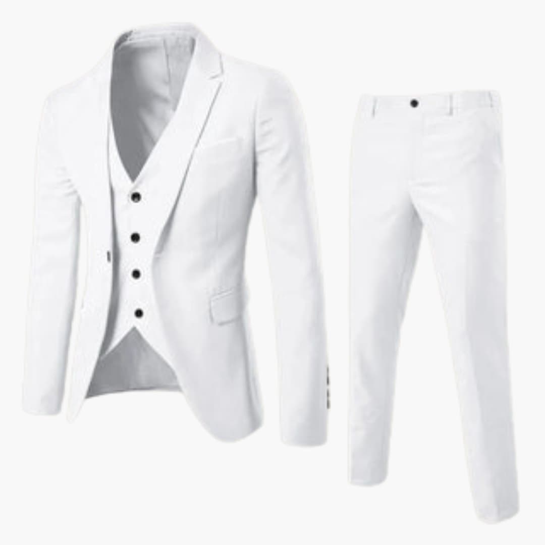 Men's dark three-piece suit set with matching jacket vest and pants tailored for formal office elegance