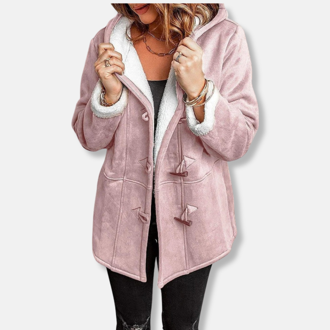 Women's fleece hoodie jacket toggle closure relaxed mid-length cozy casual everyday warmth