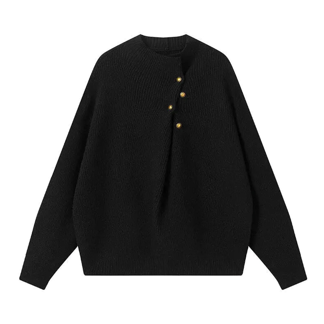 Women's loose fit knitted sweater with offset button line, modern directional design, cotton wool blend