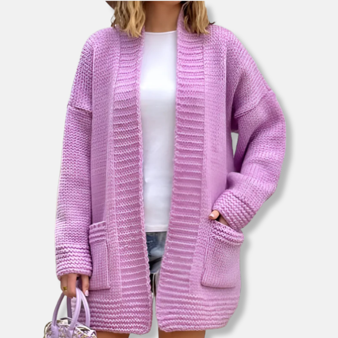 Women's oversized open-front knit cardigan in cozy neutral tones with long-line relaxed silhouette