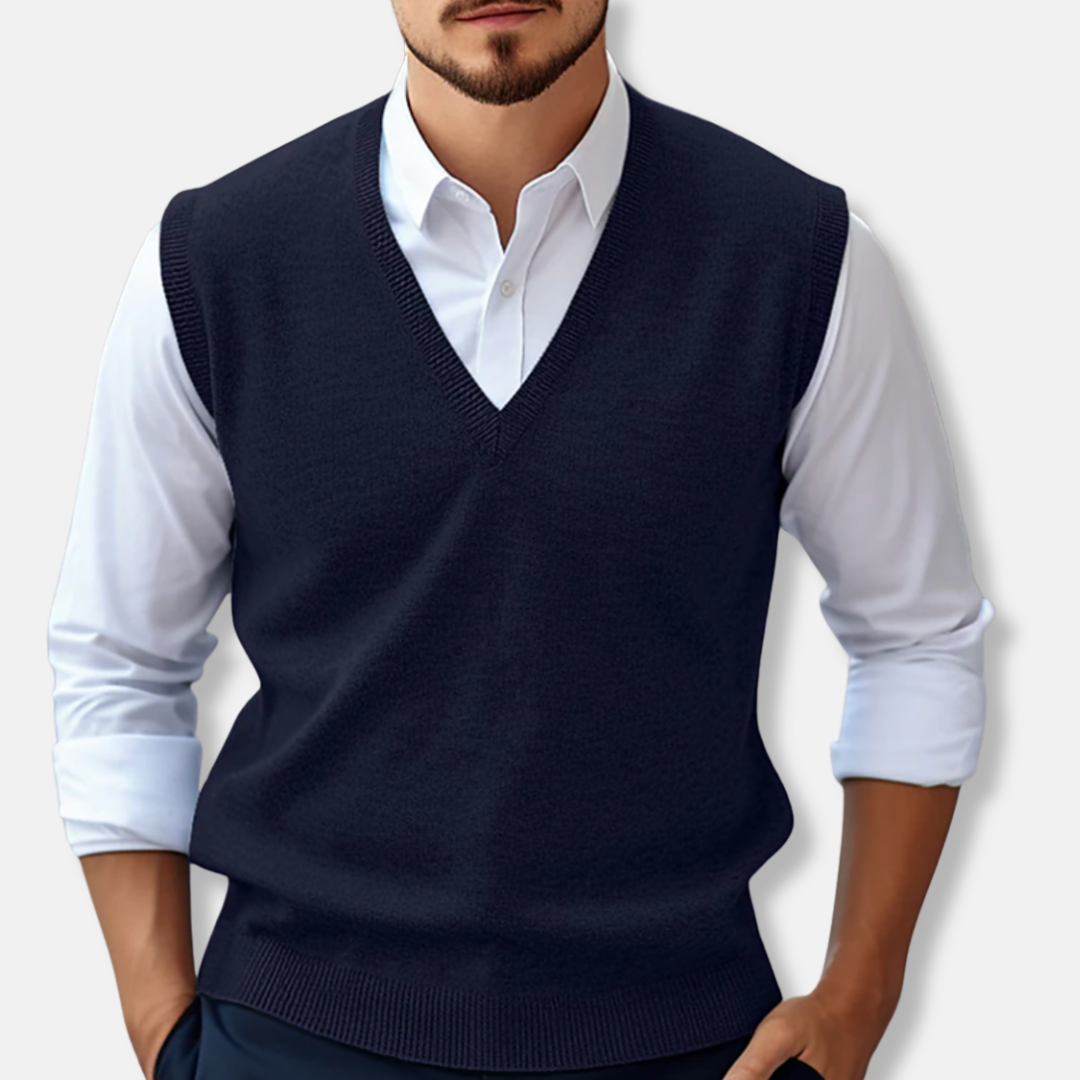 Men's ribbed v-neck sweater vest slim fit sleeveless 100% cotton knit layering piece
