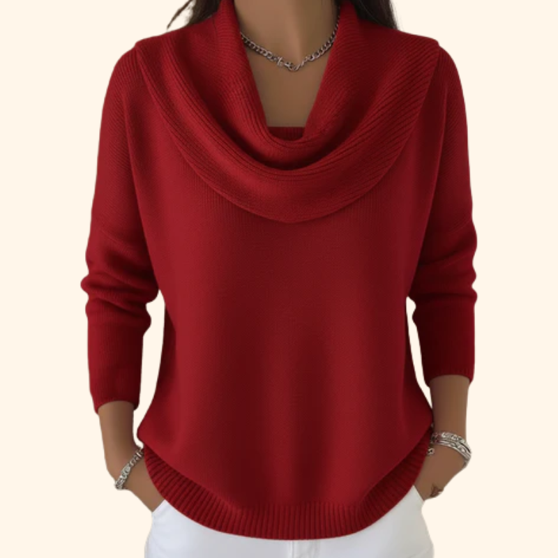 Women's draped cowl neck knit sweater relaxed fit cozy elegant cascading neckline