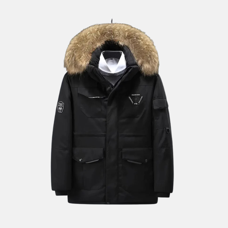 Men's olive parka jacket relaxed fit fur-trimmed hood stand collar hip-length zip front