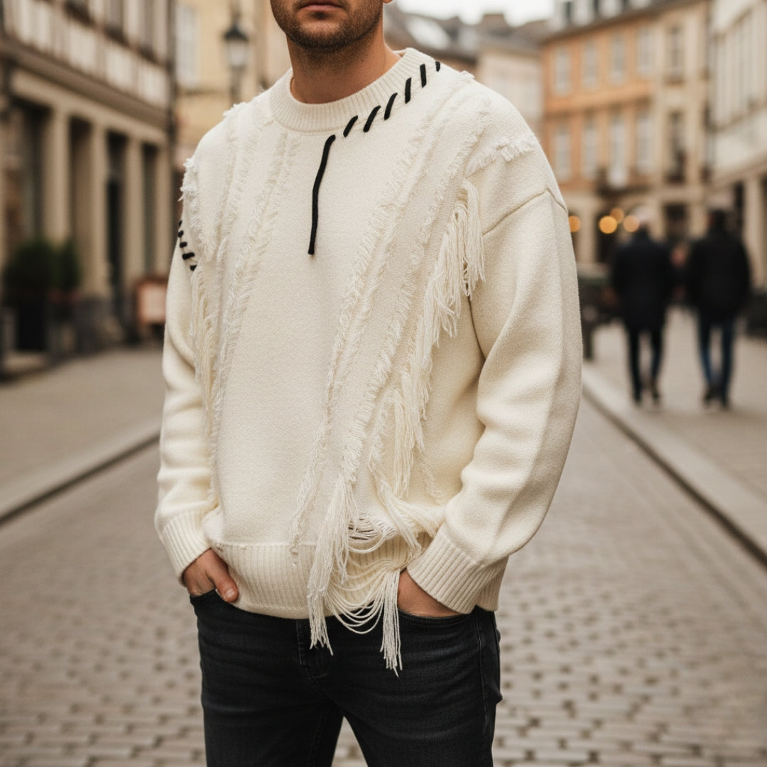 Oversized men's distressed knit sweater with ripped details, relaxed silhouette for bold streetwear style
