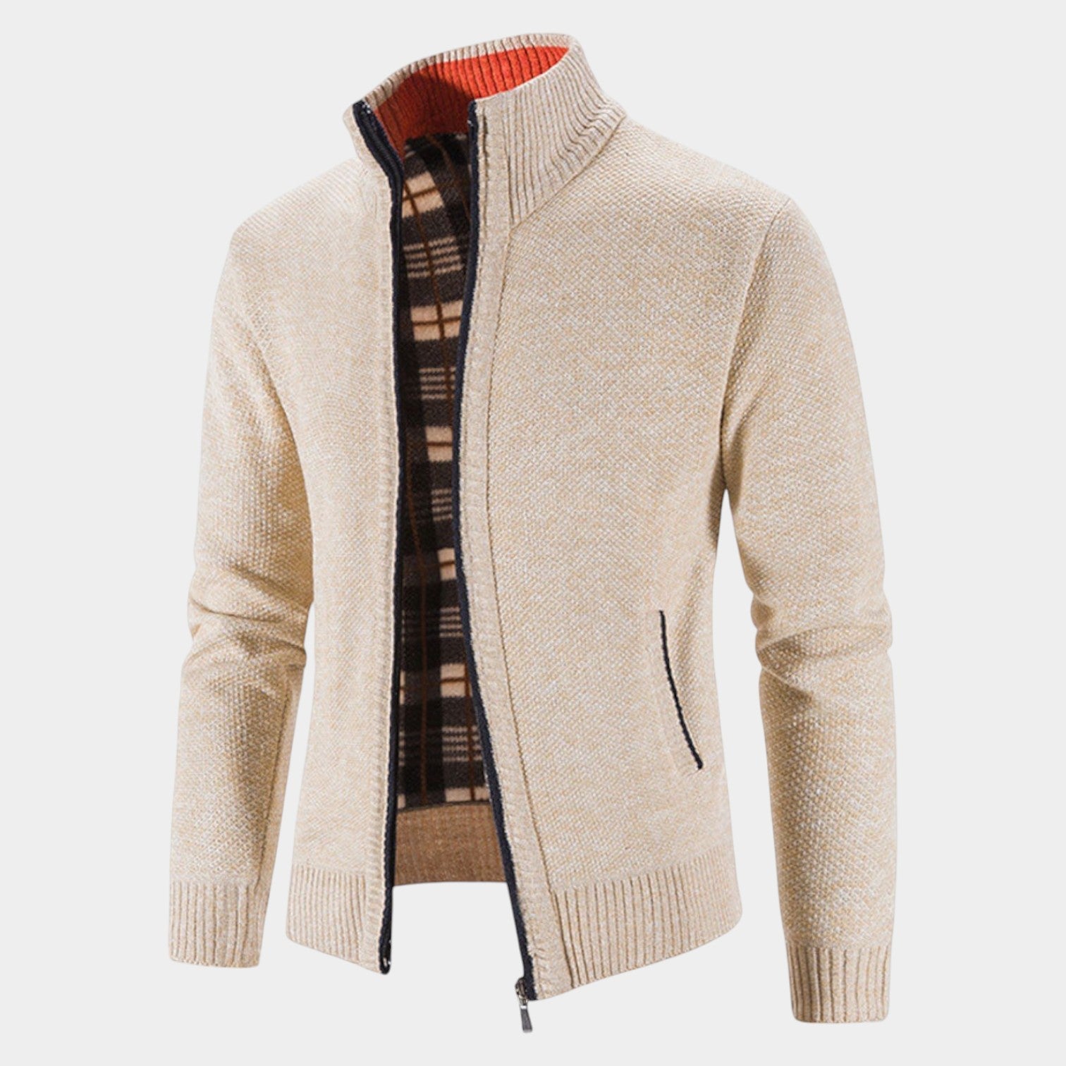 Men's gray knit cardigan with zipper closure and stand-up collar for structured everyday warmth