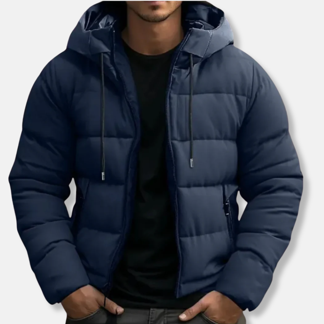 Men's quilted hooded puffer jacket relaxed fit with drawstring hood and zip pockets