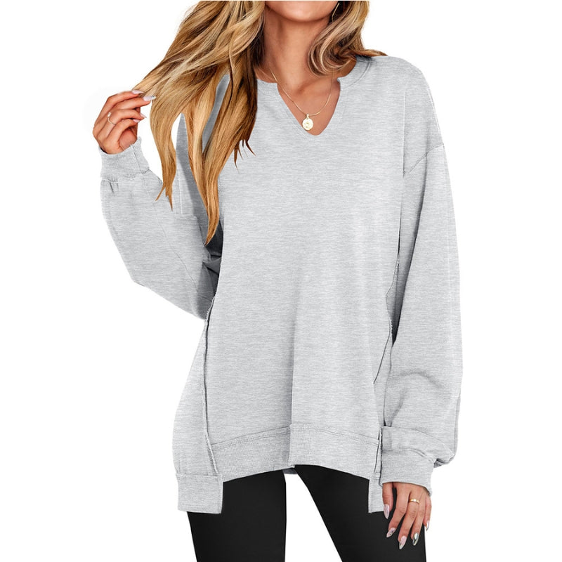 Women's plush cotton relaxed fit V-neck sweatshirt tunic-length casual everyday layering top
